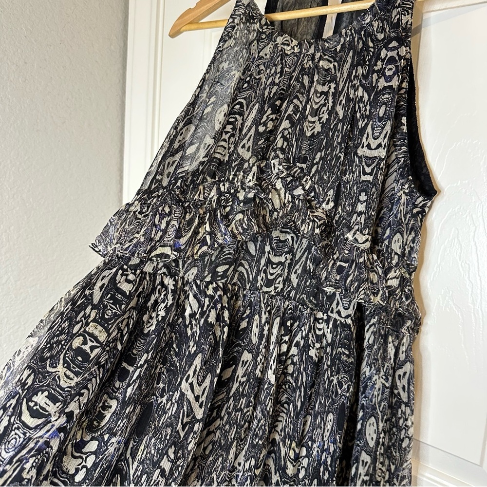 IRO Black Creme Abstract Floral Glorie Halter Midi Tiered Ruffle Dress Sz 40 / M - Picture 3 of 8
